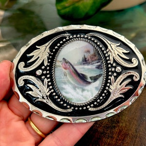 Fish Belt Buckle - Western Style Beautiful Silver Buckle Gifts for Him Leather Fisherman Hunter Vintage Style River Lake Mens Salmon Trout