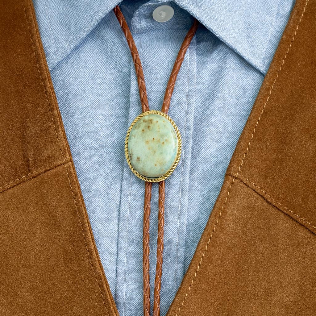 Southwestern Bolo Tie: Turquoise Stone Oval, Leather Cord Cowboy Necktie