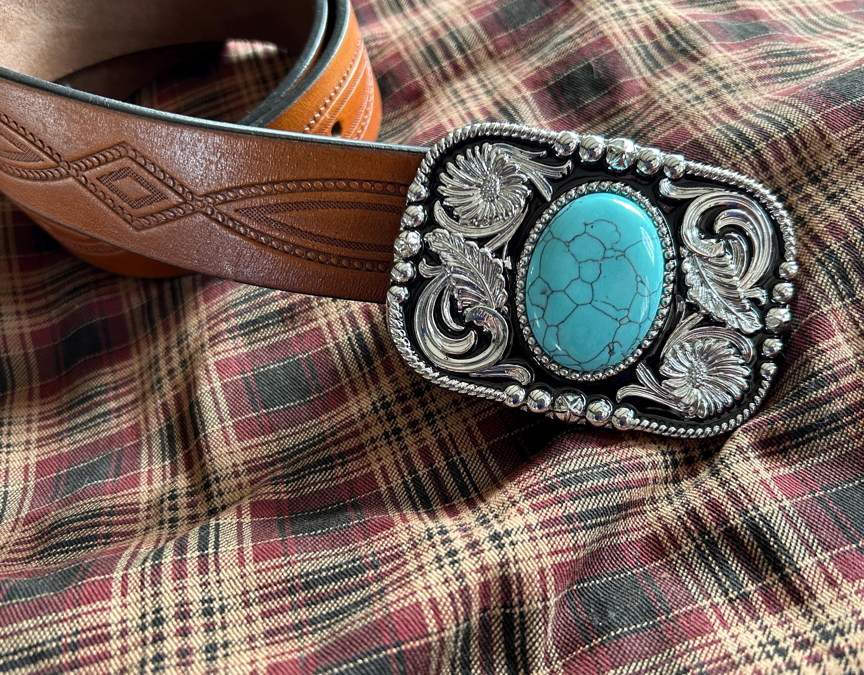 Silver Floral Western Belt Buckle With Teal Stone - Etsy