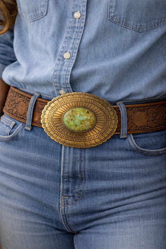 Teal Turquoise Stone Belt Buckle: Western Cowboy Style, Fits  display picture 3