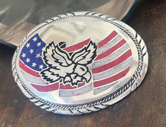 Beautiful Eagle American Flag Belt Buckle - stone… - image 3