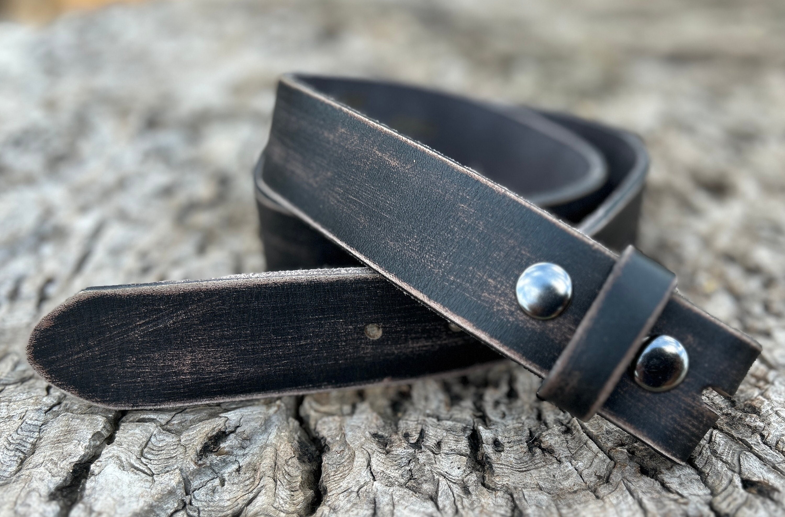 Distressed Style Black Genuine Leather Snap Belt Strap
