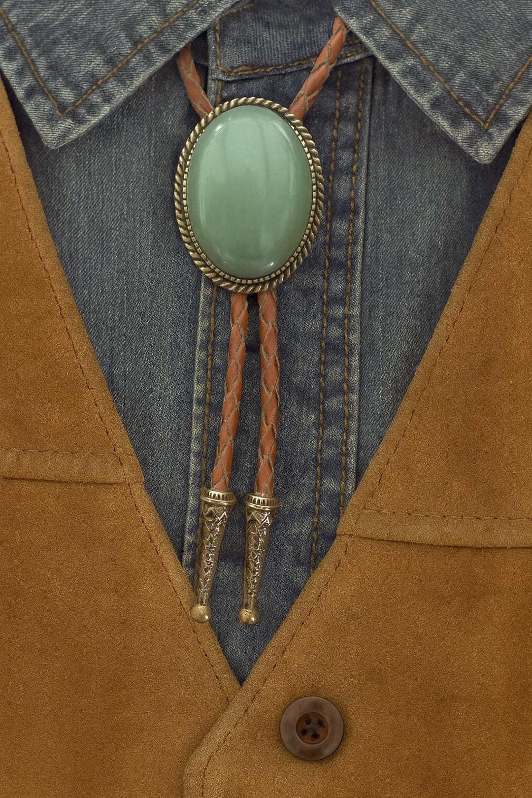 Sage Green Stone Bolo Tie : Antique Gold Frame - Leather Cord Cowboy ...