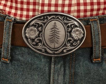 Engraved Pine Tree Belt Buckle: Mountain Western Style Christmas