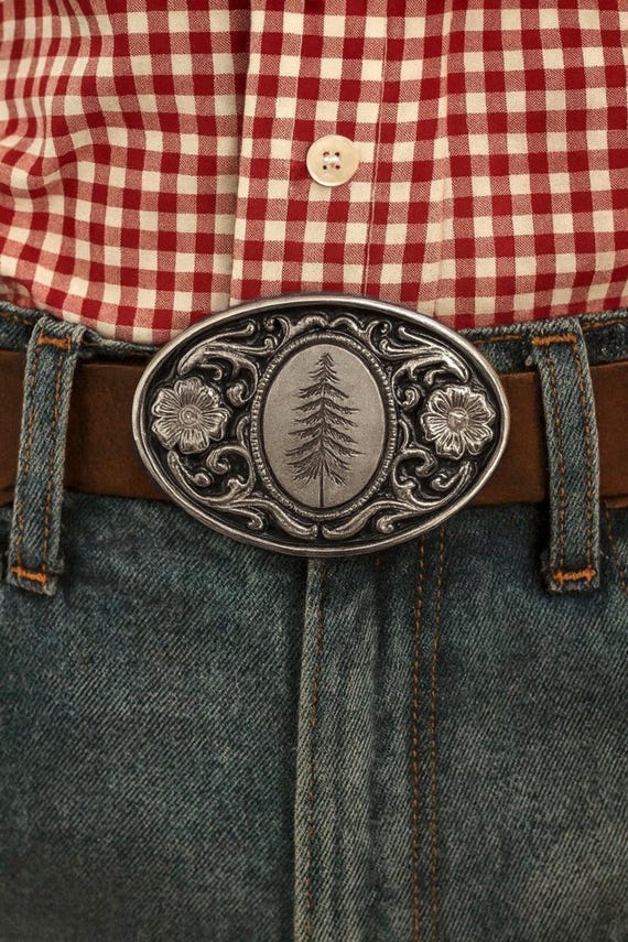 Engraved Pine Tree Belt Buckle: Mountain Western Style Christmas