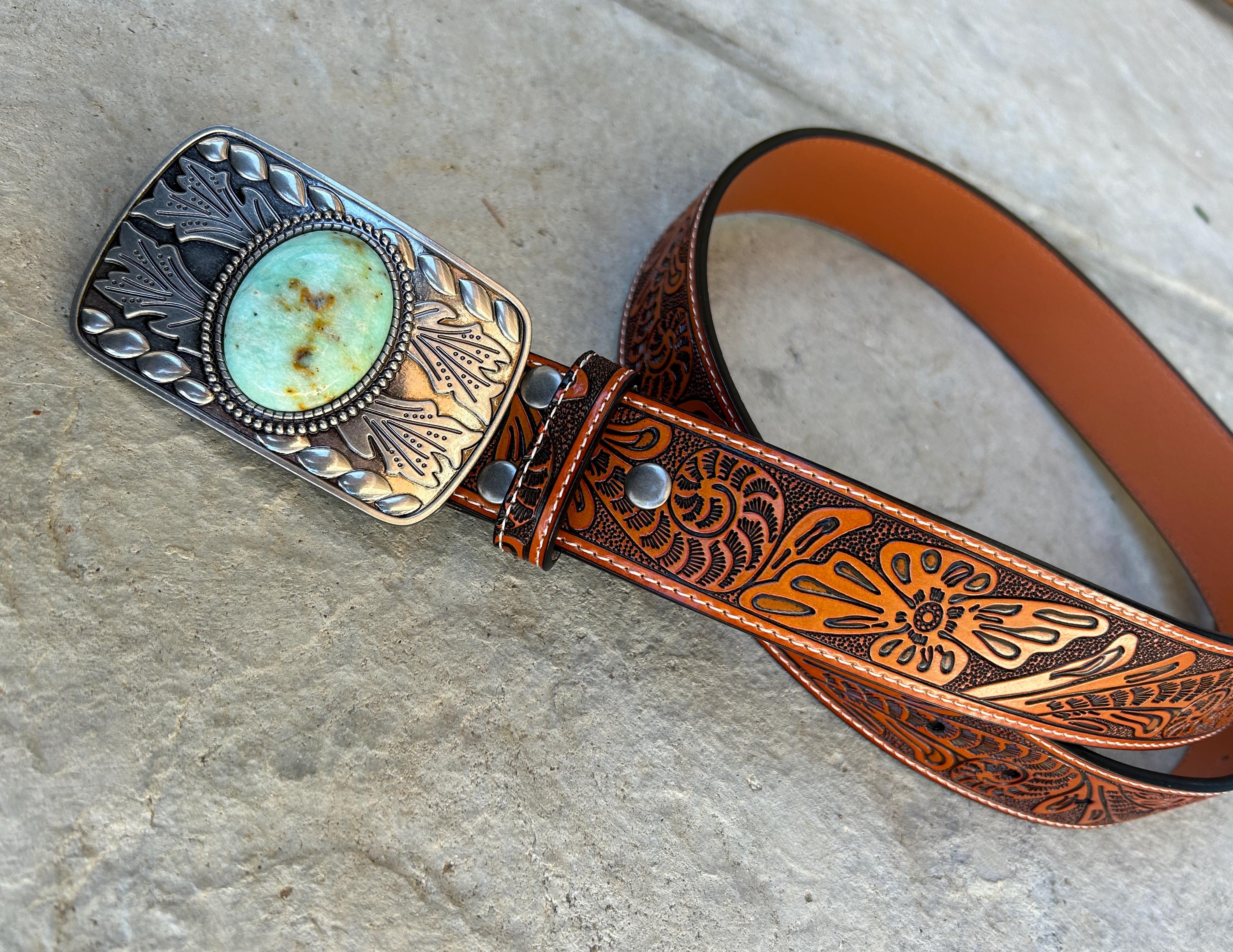 Tooled Brown Leather Belt : Turquoise Stone Western Buckle  display picture 3