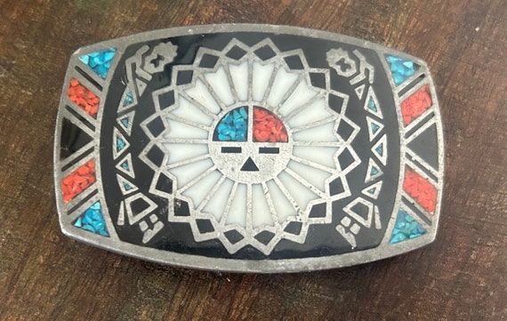 Vintage Turquoise Coral Stone Inlay Belt Buckle -… - image 1