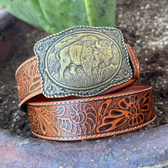 Tooled Brown Leather Buffalo Belt: Full Grain Western Style  display picture 2