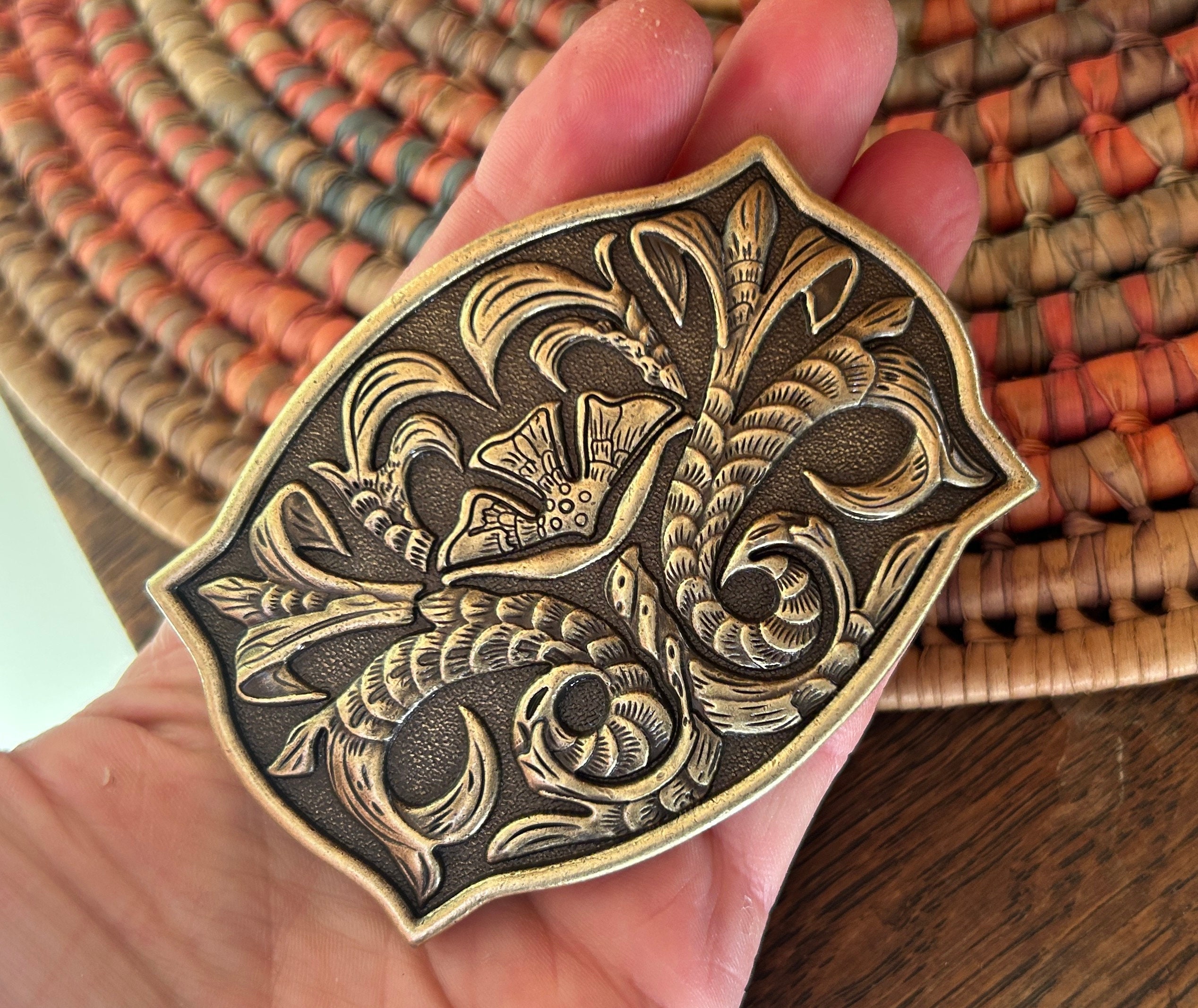 Engraved Brass Western Belt Buckle: Floral Lily Leaf Design  display picture 1