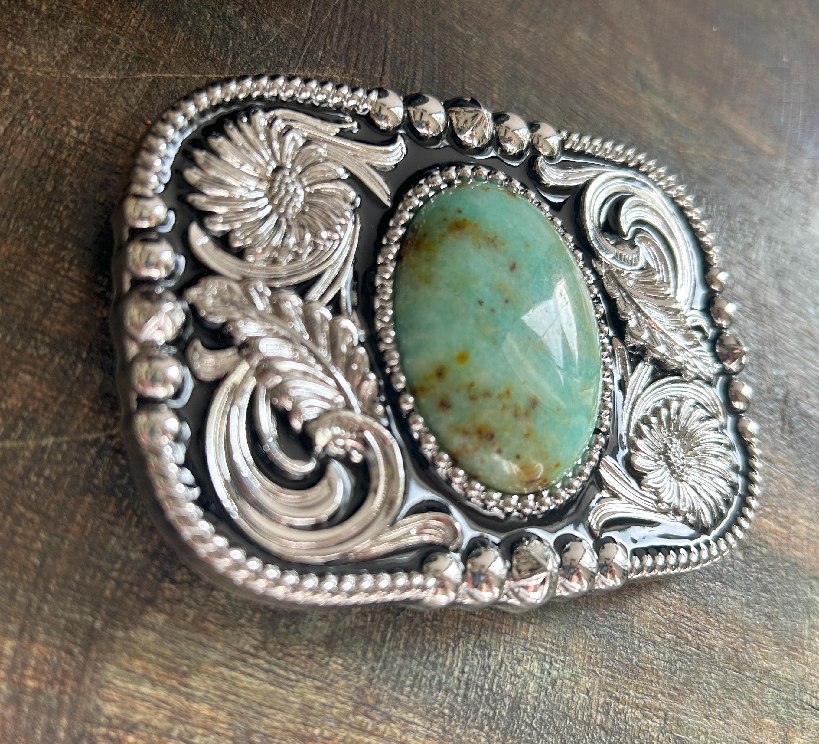 Buy Teal Turquoise Stone Belt Buckle: Western Cowboy Silver Floral