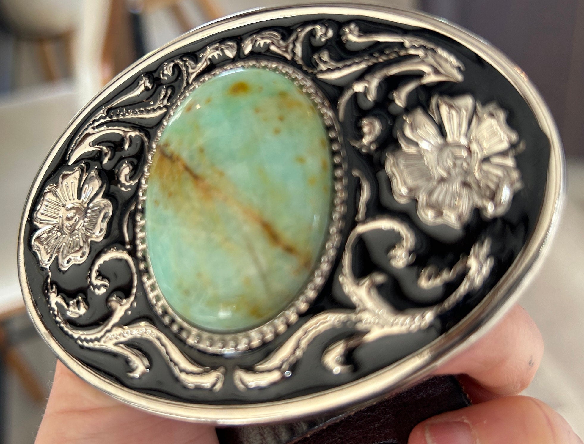 Vintage Handmade Womens Large Oblong Turquoise Stone Silver Belt Buckle Item #997B- Vintage Navajo Kingman Turquoise Nugget Cluster  main image 2