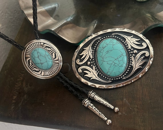 Western Bolo Tie & Buckle Set : Turquoise Stone, Leather  display picture 3
