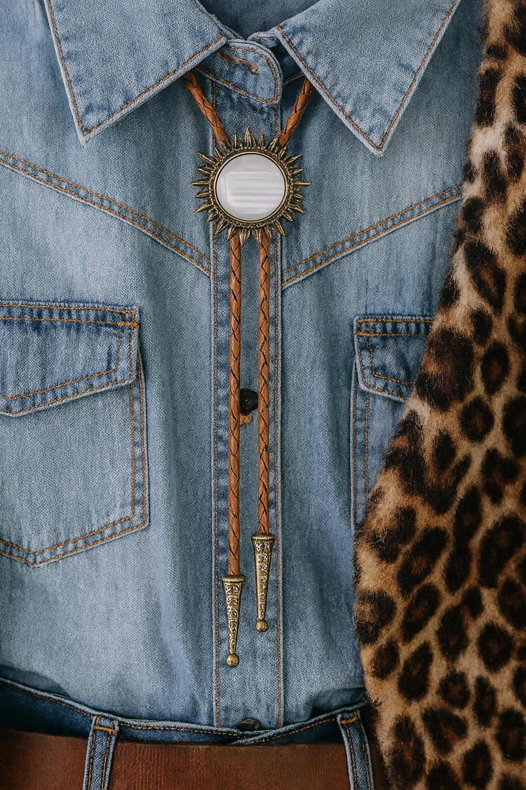 Southwestern Sun Bolo Tie: Pearl Stone, Leather Cord