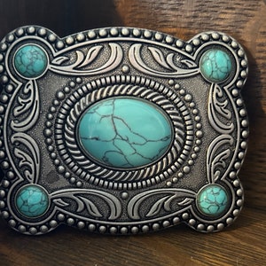 Large Turquoise Belt Buckle - Western Design - Cabochon - Women's  - Round - Silver Engraved - Mans Womens Gift Idea - Horse Rider Show