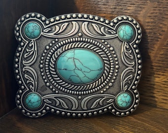 Large Turquoise Belt Buckle - Western Design - Cabochon - Women's  - Round - Silver Engraved - Mans Womens Gift Idea - Horse Rider Show