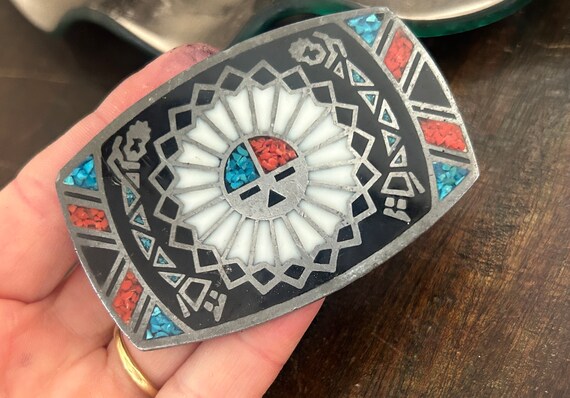 Vintage Turquoise Coral Stone Inlay Belt Buckle -… - image 3