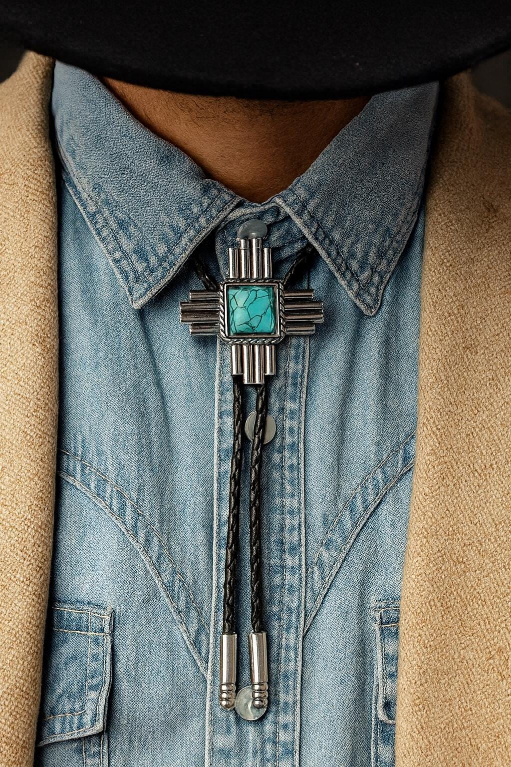 Turquoise Zia Bolo Tie : Southwestern Cowboy Leather Necklace
