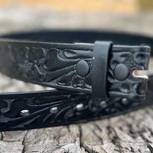 Black Tooled Leather Belt Strap: Full Grain Western Style, Interchangeable Buckle