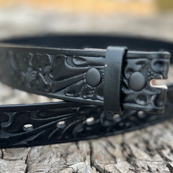 Black Tooled Leather Snap Belt Strap - 100% Full Grain Western Style - Cow Hide - Removable belt strap - Cool Gifts for Him - Men - Womens