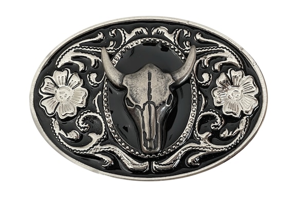 Hebilla de cinturón de cráneo de novillo Cabeza de esqueleto de vaca toro  estilo occidental retrato de plata personalizado animal vaquero vaquera  flor floral negro ovalado plata -  México