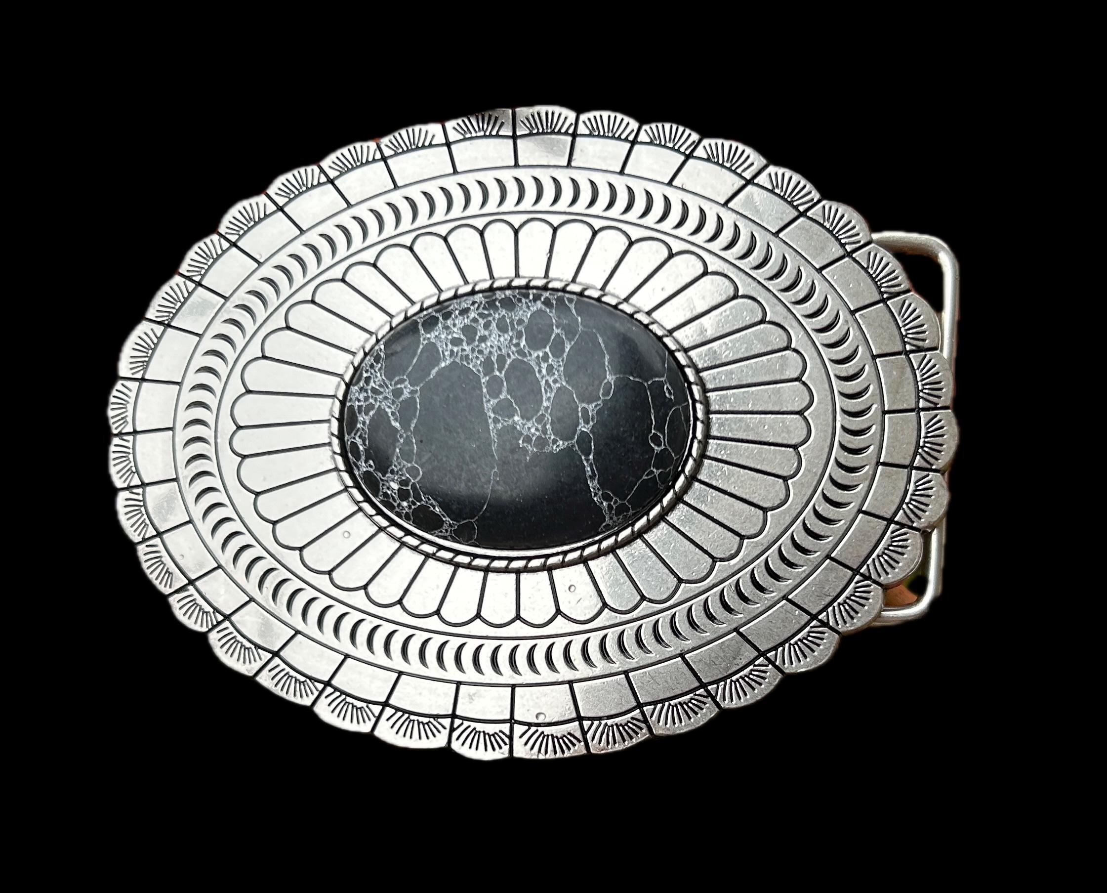 Vintage Silver Tone Black Belt Buckle Marble Stone Design Western Engraved Vintage Western Custom Buckle Maker GC Silver On Brass DM  main image 4