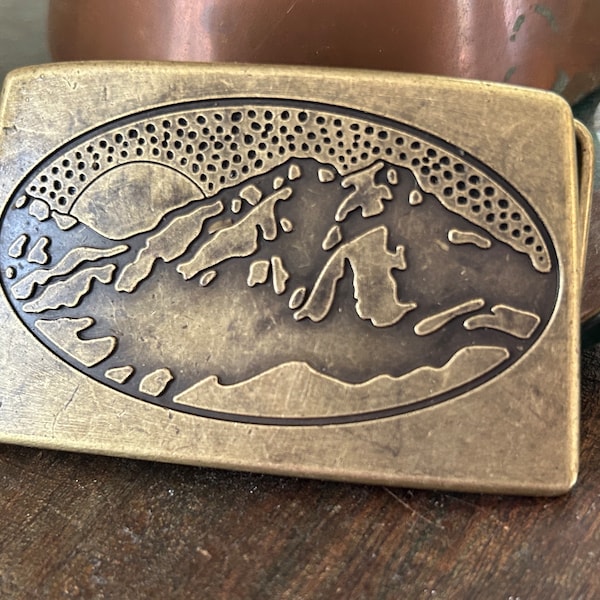 Vintage Handmade Brass Mountain Belt Buckle - Art - Brutalist Modern 70s - Pine Tree Sunset Moon - Colorado California Yosemite Sky Camping