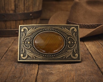Western Tigers Eye Belt Buckle : Antique Gold Cowboy Style