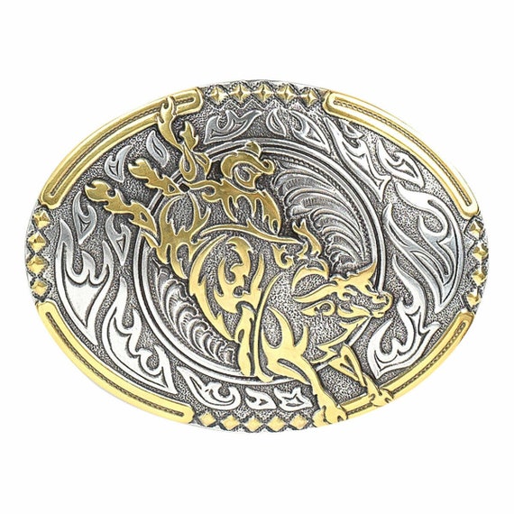 Silver Gold Bucking Bull Belt Buckle 