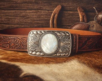 Tooled Brown Leather Belt: Mother of Pearl Western Buckle, Full Grain Cowhide