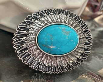 Stunning Vintage Belt Buckle - Genuine Large Turquoise Stone Piece Inlay - Handmade Southwestern - American - Feather Flower Teal