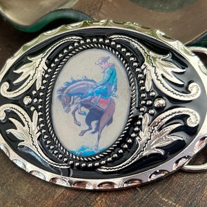 Cowboy Belt Buckle - Gifts for Him Rodeo Bronco Horse Rider Accessories Mens Necklace Bola Leather Bronco Rodeo Horse Silver Oval