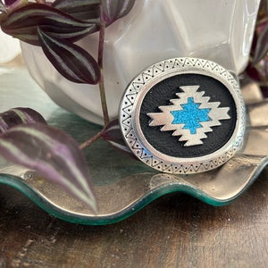 Handmade Turquoise Inlay Belt Buckle Oval Western Southwestern Style Chevron Design Engraved Country Inlaid Handcrafted Mens Gift Idea image 4