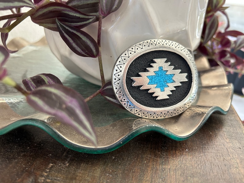 Handmade Turquoise Inlay Belt Buckle Oval Western Southwestern Style Chevron Design Engraved Country Inlaid Handcrafted Mens Gift Idea image 4