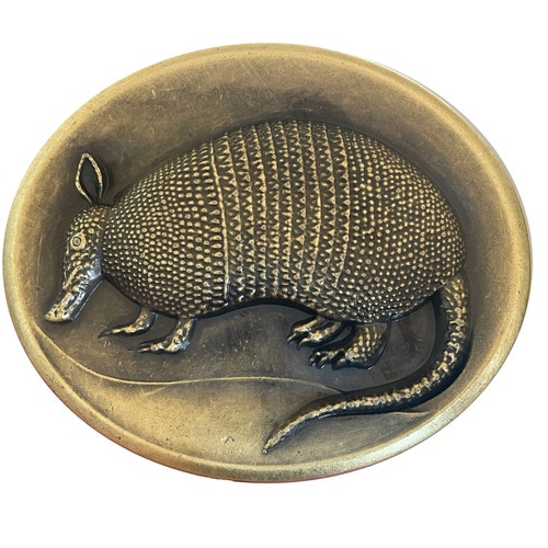 Vintage Armadillo Belt Buckle: Engraved Brass Texas Southwestern Style
