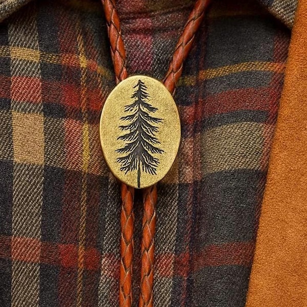 Bolokrawatte mit Gravur Pine Tree Anhänger - Messing Anhänger, Lederband
