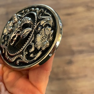 Bighorn Ram Skull Belt Buckle Horn Goat Sheep Animal Skeleton Western Style Silver Portrait Custom Cabochon Cameo Silver Black Engraved image 3