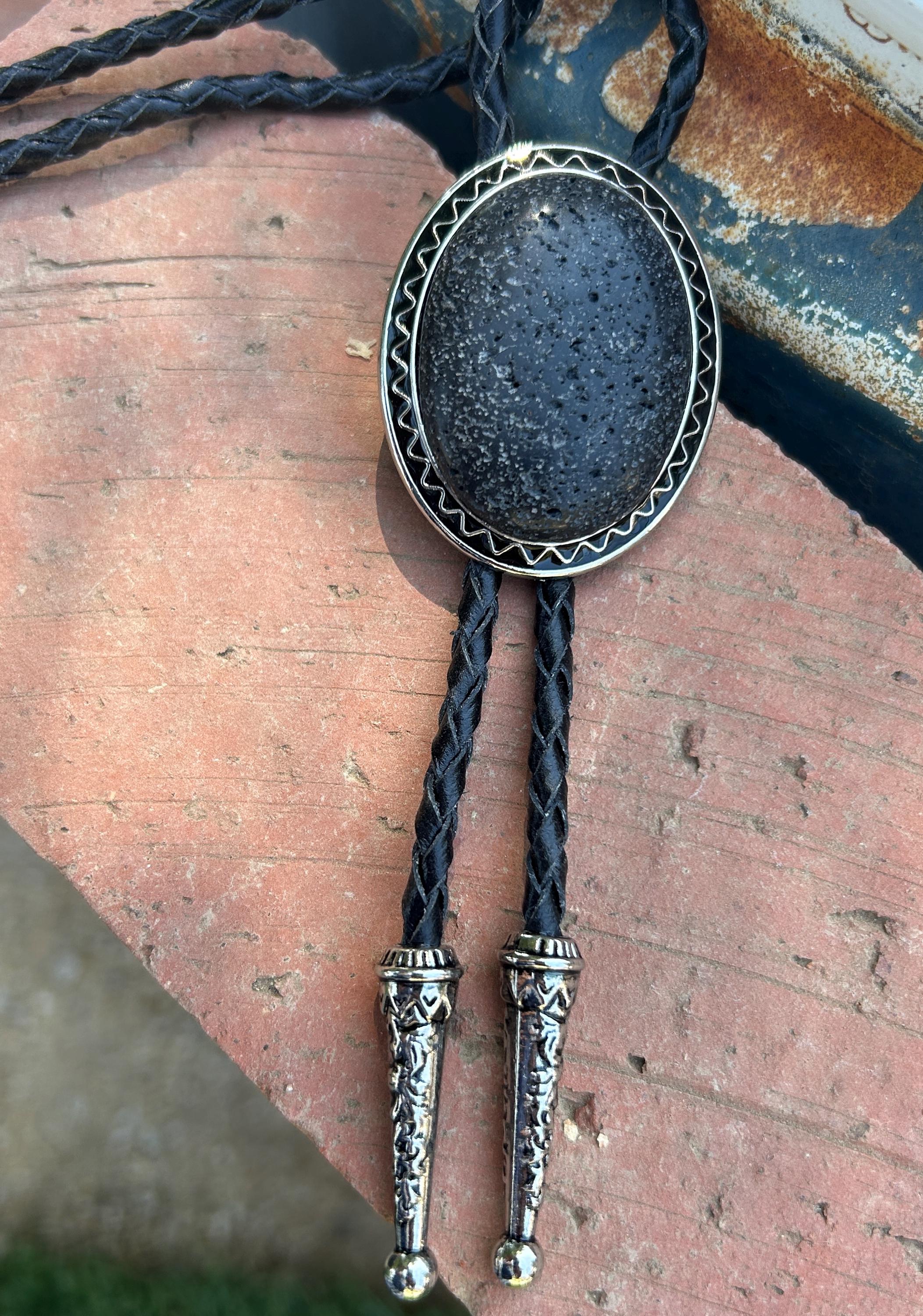 Black Lava Rock Bolo Tie - Gifts for Him Stone Leather Cowboy Necktie Accessories Mens Necklace Bola Leather Cord Woven Hawaii