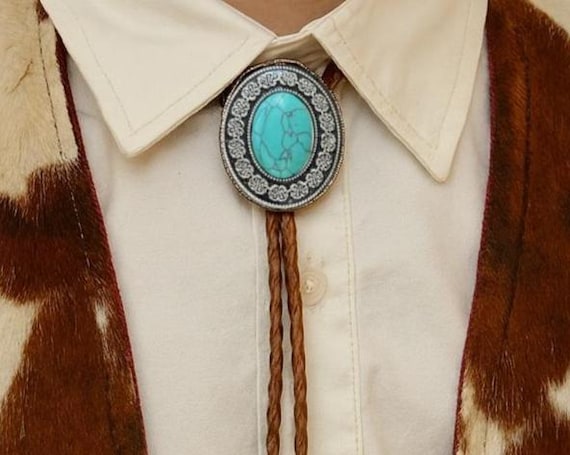 Collier Cravate Bolo Buffalo Simili Cuir Turquoise - Style Indigène Sud-ouest 36 Pouces