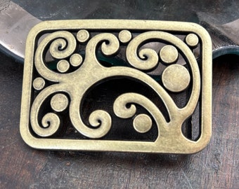 Vintage Handmade Solid Brass Belt Buckle - Art - Brutalist Modern 70s Wave Water Tree Flower Floral Swirl Abstract Women's Gift Idea Dot Cut