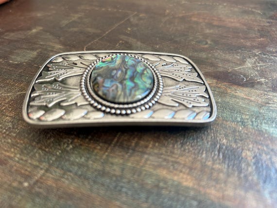 Abalone Shell Belt Buckle: Engraved Silver, Turquoise Inlay  display picture 2