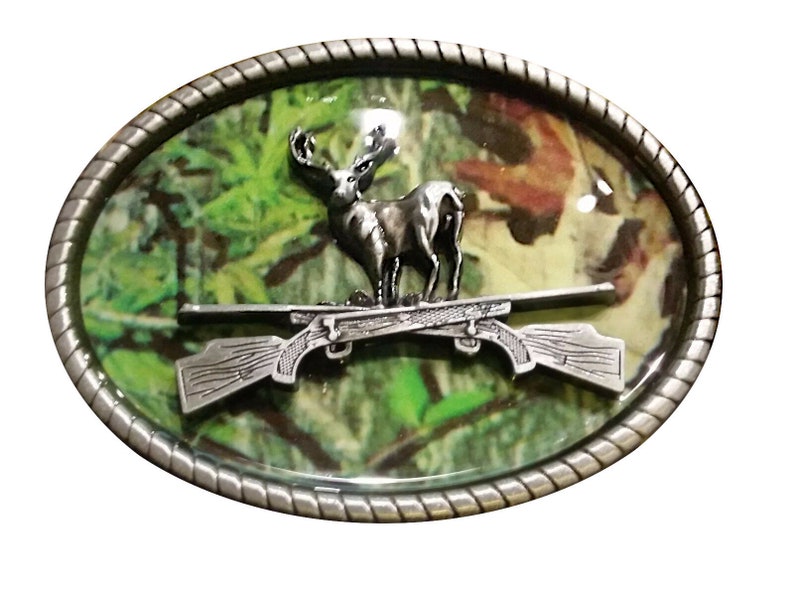 Forest Vintage Camo Deer Belt buckle John Green Buck Gun Solid Metal Silver Camouflage Hunter Shooting Hunting Woods