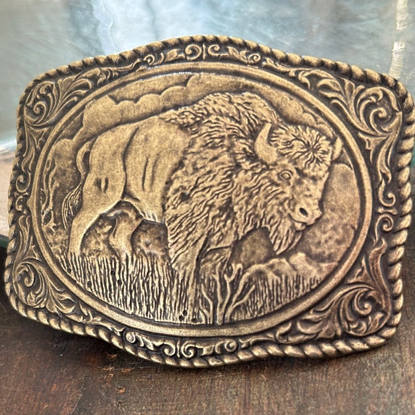 Brass Engraved Buffalo Belt Buckle - Southwestern Head Bull Mans - Yellowstone Horns Head - Bison - Rope Cowboy - Navajo Indian Leather