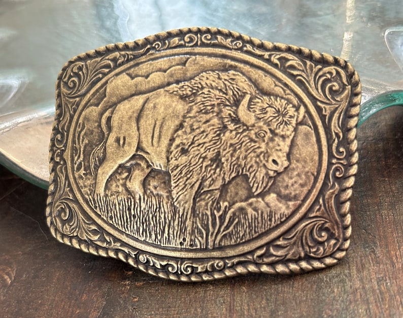 Brass Engraved Buffalo Belt Buckle Southwestern Head Bull Mans Yellowstone Horns Head Bison Rope Cowboy Navajo Indian Leather image 1