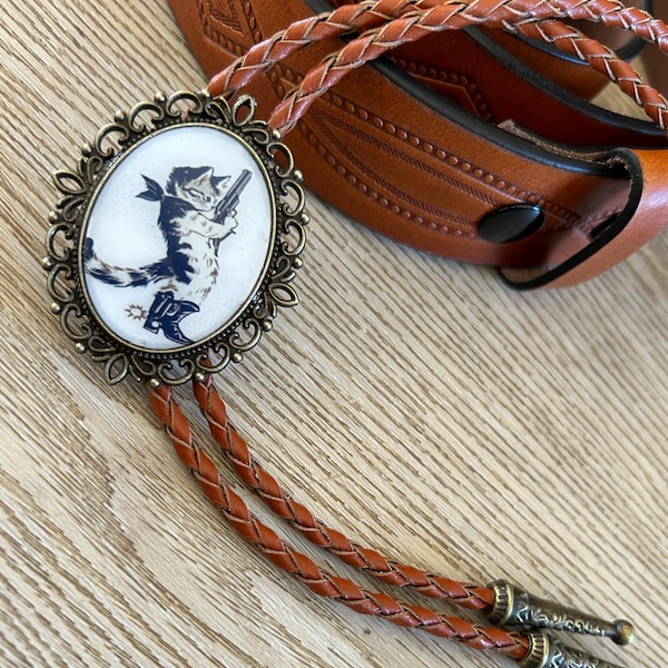 Bandit Kitten Bolo Tie: Handmade Cat Lover Western Necktie