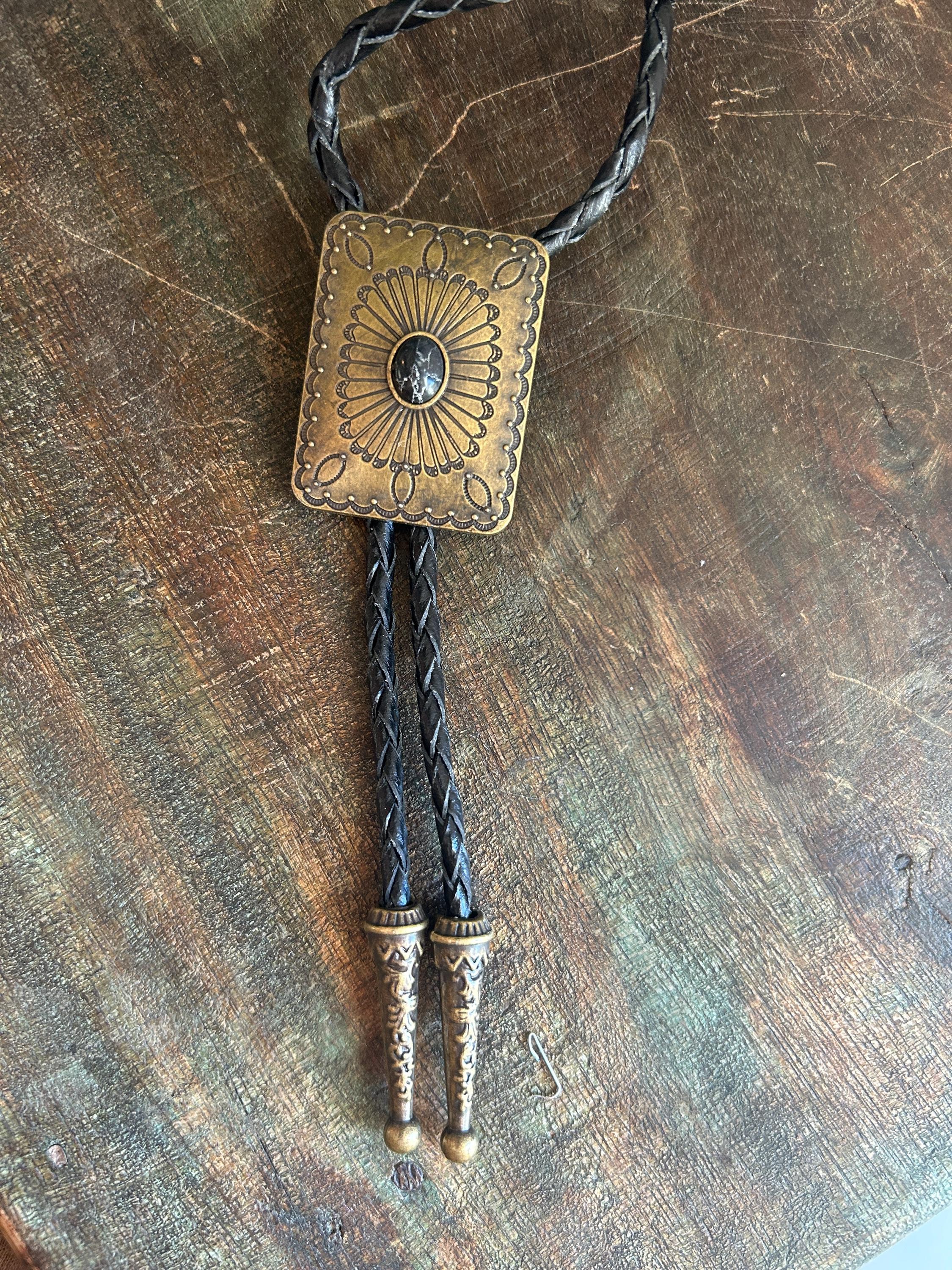 Southwestern Brass Turquoise Bolo Tie - Gifts for Him Leather Cowboy Necktie Accessories Mens Necklace Leather Bola Cord Woven Rectangle