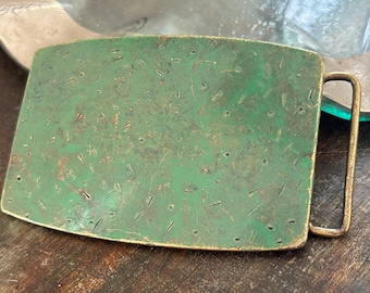 Vintage Large Turquoise Brass Belt Buckle - Patina - Rectangle Engraved Western Style Ladies Show Cowgirl hammered surface textured