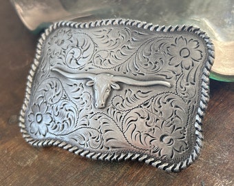 Longhorn steer skull belt buckle - Engrave Trophy Style Men's Gift Idea Riding Horse Quarter Gear