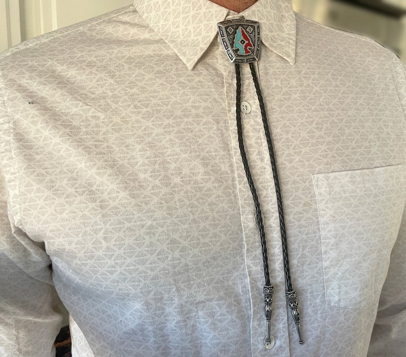 Turquoise & Coral Inlaid Steerhead Western Bolo Tie Turquoise & Coral Inlaid Steerhead Western Bolo Tie