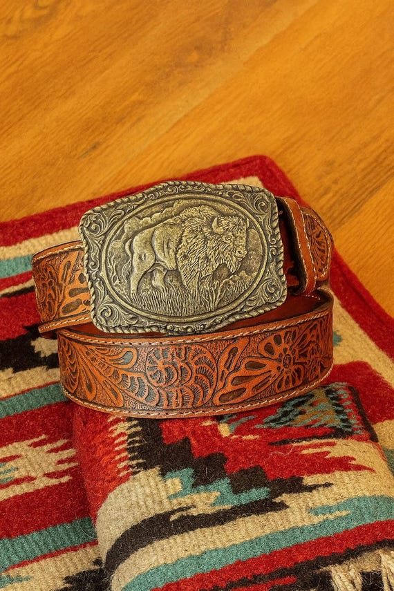 Western Style Buffalo Belt Buckle on a Genuine Brown Leather Belt Tooled Brown Leather Buffalo Belt: Full Grain Western Style  main image 4