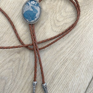 Rabbit Bolo Tie Western Gifts for Him Leather Cowboy Necktie Accessories Mens Necklace Animal Lariat Bunny Whimsical Blue Bola Silver Ends image 4